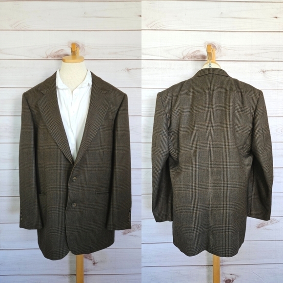 Oscar de la Renta Vintage Wool Houndstooth Blazer Button Down in Brown Size 43L - Picture 1 of 14